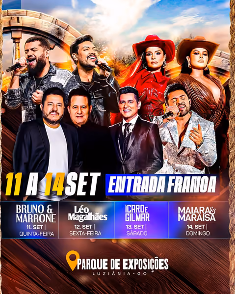 Expoagro Luziânia 2026 terá entrada gratuita e shows de Murilo Huff, Mato Grosso & Mathias, Clayton & Romário e Natanzinho Lima